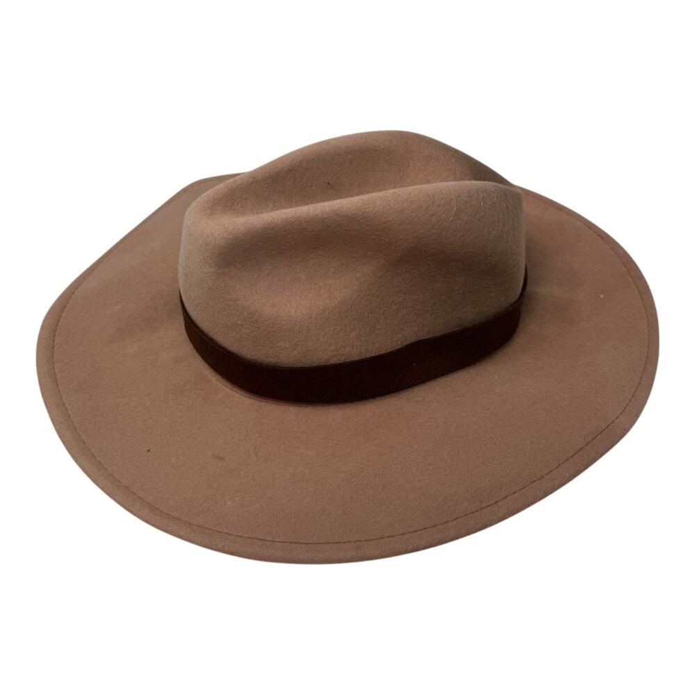 Free People Wool‎ Felt Wide Brim Fedora Hat Tan Brown Ribbon OS